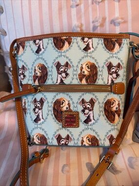 Dooney & Bourke DISNEY Light Blue Lady & Tramp Crossbody with Brown Leather Trim